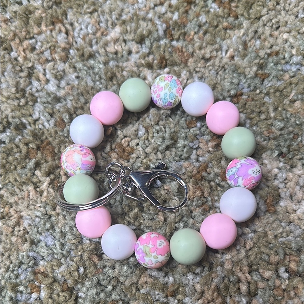 Wild Flowers Soft Pink Pistachio Green White Keychain Bracelet Wristlet Silicone